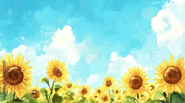 Obraz Watercolor design of a sunflower field with a bright blue sky overhead.--ar 16:9