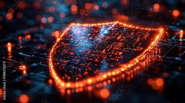 Fototapeta Futuristic glowing shield on digital circuit board, symbolizing cybersecurity and data protection.