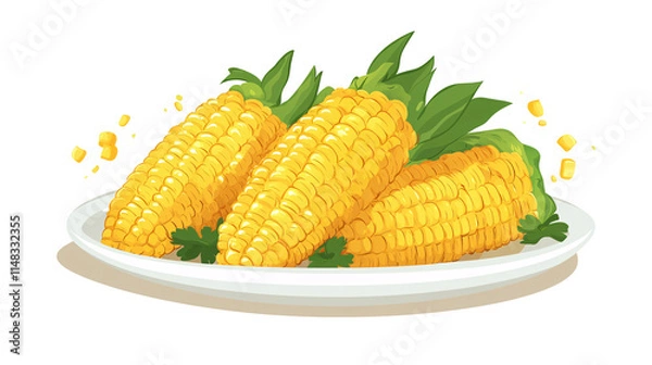 Fototapeta Illustration of Corn on plate isolated on white & transparent a background.