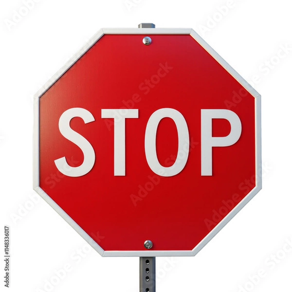 Obraz Stop sign on pole, red with white text, octagonal shape, indicating stop at intersection or junction