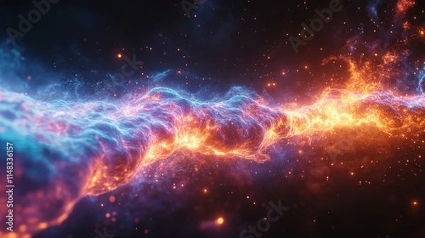 Fototapeta Abstract fiery and icy energy stream flowing through dark space with sparks.