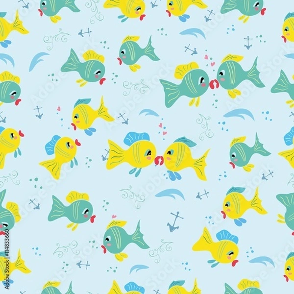 Fototapeta Seamless pattern with cartoon fishes