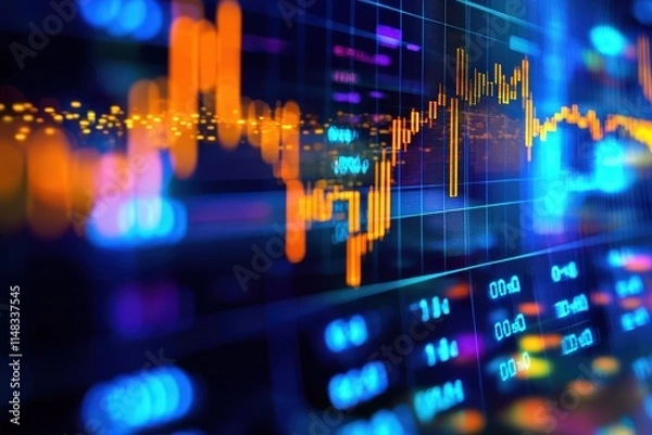Fototapeta A vibrant, digital graph displays fluctuating data trends with glowing lines and indicators, representing financial or statistical analysis.