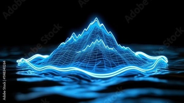 Fototapeta Abstract Blue Glowing Wireframe Mountain Peak and Wave Data Visualization
