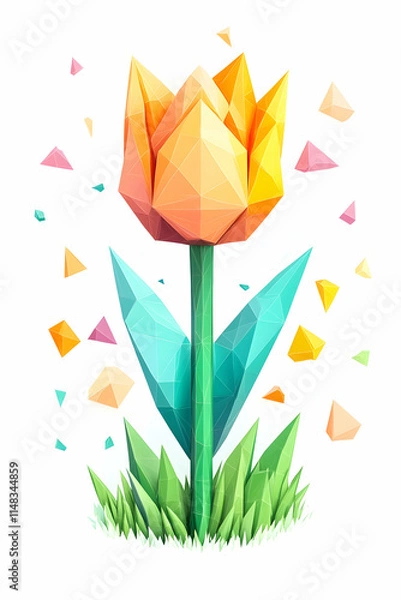 Fototapeta Low-poly Tulip Spring Flower Design Element, Isolated White Background, Geometric Abstract, Digital Art.
