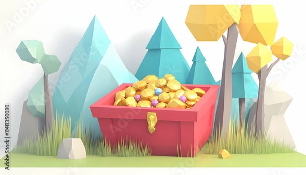 Fototapeta Red chest with gold coins and colorful spheres sits in a low poly forest scene with mountains, for a game asset or digital art.