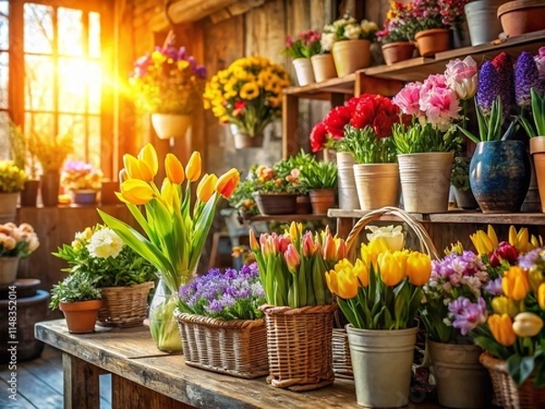 Fototapeta Spring Flowers Rustic Shop Photography: Colorful Floral Arrangements, Blooming Springtime Bouquet, Rustic Floral Design