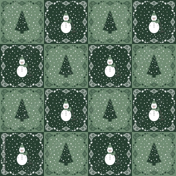 Fototapeta Seamless Pattern. Christmas tree, Snowman, Snow falling. Colors Green and White.