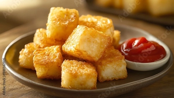 Fototapeta Crispy Golden Tater Tots Served on a Plate with a Side of Ketchup for a Classic Snack or Side Dish