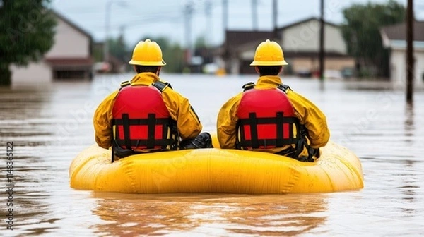 Fototapeta Flood rescue workers in yellow gear navigate a flooded area in a yellow inflatable raft, highlighting the challenges of emergency response operations.