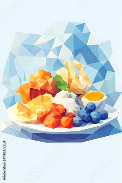 Fototapeta Low-poly breakfast plate with fruit, egg, and chicken, on icy background, for healthy food blogs.