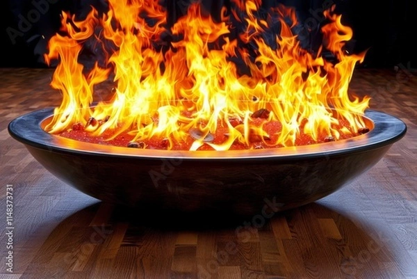 Fototapeta Bold flames dance in a large bowl atop a polished wooden surface