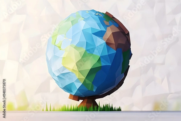 Fototapeta Low-poly Earth globe on tree, nature background, global sustainability concept.
