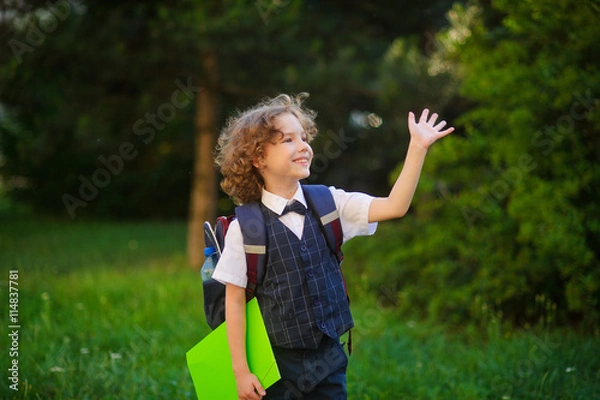 Fototapeta Curly blonde first-grader goes to school.