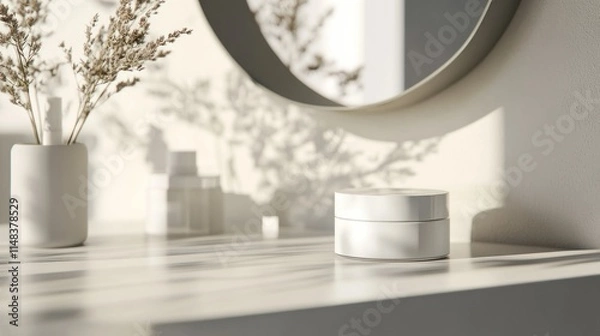 Fototapeta White cream jar on vanity with dried flowers and mirror reflection.