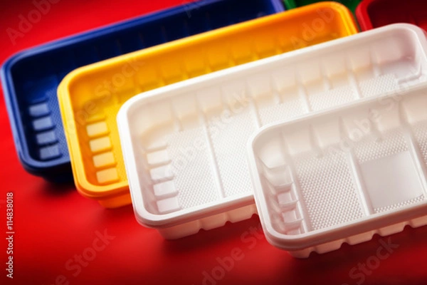 Obraz Colored plastic utensils on red background