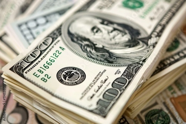 Fototapeta Stack of one hundred dollar bills showing benjamin franklin portrait