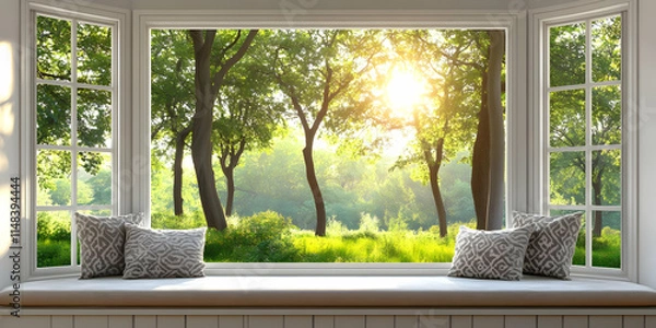 Fototapeta A serene window view showcasing lush trees and sunlight filtering through greenery.