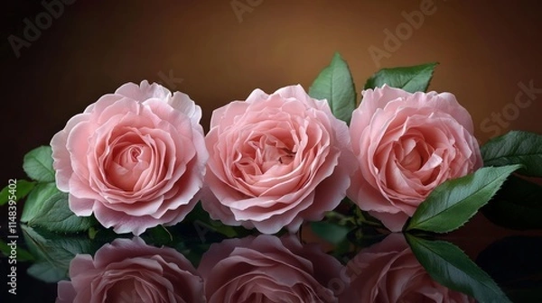 Fototapeta Three delicate pink roses with layered petals resting on a reflective dark surface, surrounded by lush green leaves. 