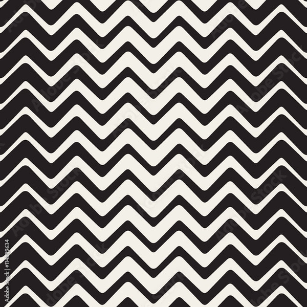 Fototapeta Vector Seamless Black And White ZigZag Rounded Lines Geometric Pattern