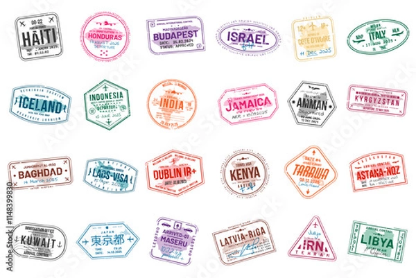 Fototapeta Collection of travel visa stamps for passports. Abstract stamps from international and immigration offices. Arrival and departure visa stamps for customs to the country. Vector