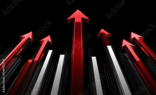 Fototapeta 3D arrow graph going up , isolated on a black background. Below are white bar chart bars, and above are red upward arrows. This image has high resolution, detailed textures, and a realistic style.