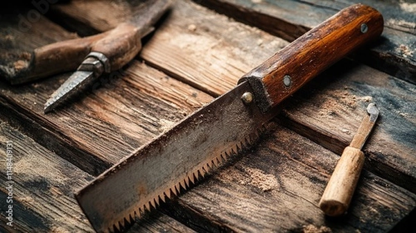 Obraz Old hand saw, chisels and wood shavings on rustic wooden planks.