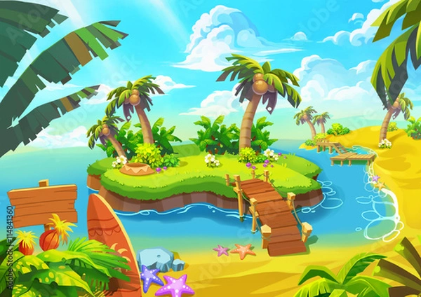 Obraz Happy Tropical Sand Beach Coast 1. Video Game Digital CG Artwork, Concept Illustration, Realistic Cartoon Style.
