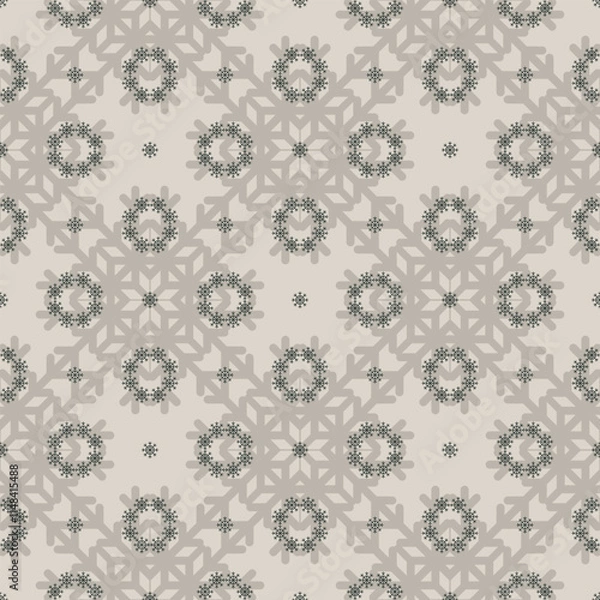 Fototapeta Monochrome Christmas seamless vector snowflake pattern on beige background. Beautiful seasonal pattern for wrapping paper, greeting cards, invitations, gift boxes and home decor.