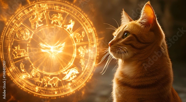 Obraz A mystical orange cat gazes thoughtfully at a glowing astrological wheel, blending the world of pets and astrology.