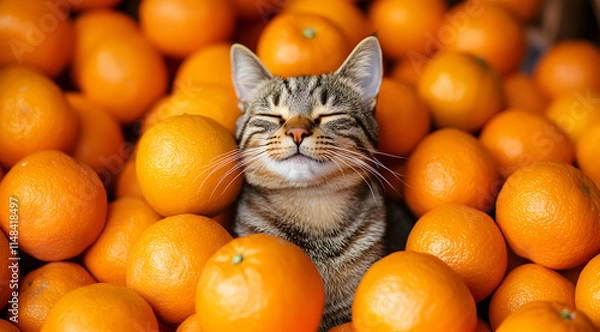 Fototapeta A playful cat relaxing among a vibrant pile of oranges, exuding a sense of contentment and joy amidst the bright, citrus backdrop.