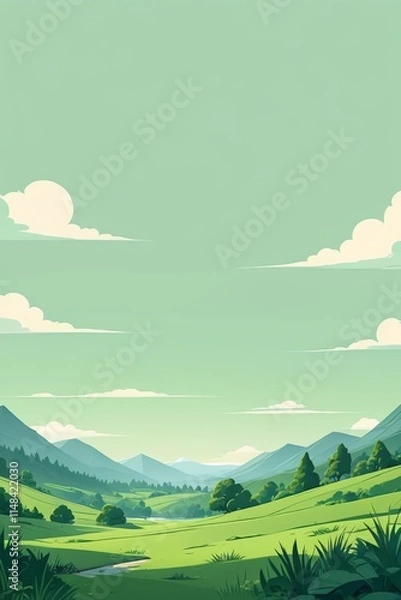Fototapeta there is a cartoon style illustration of a green valley with trees