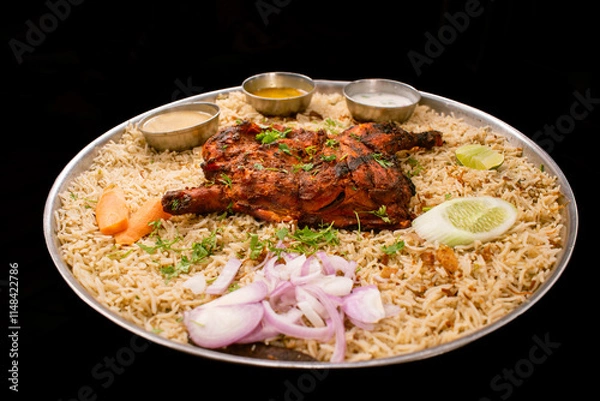 Fototapeta Delicious chicken Mandi tandoor dish. Mandi is a Yemeni dish which consists of meat and rice in a unique mix of spices and cooked in an underground oven.