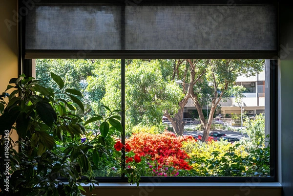 Fototapeta A view through a window showcasing vibrant flowers and greenery.