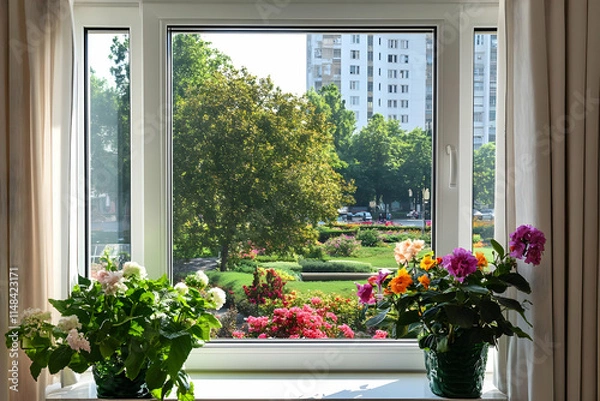 Fototapeta A bright window view showcasing colorful flowers and a lush garden outside.