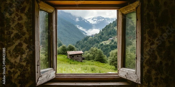 Fototapeta A scenic view through an open window showcasing a mountainous landscape and a rustic cabin.