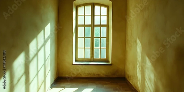 Fototapeta A sunlit room with a large window casting shadows on the floor.