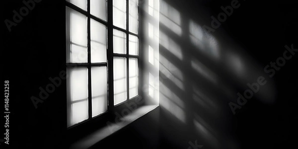 Fototapeta A monochrome image of a window casting shadows in a dark room.