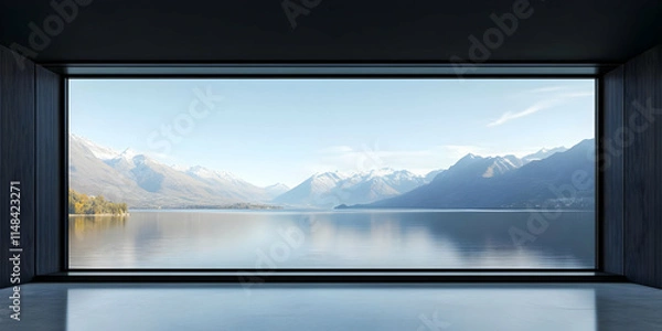 Fototapeta A panoramic view of serene mountains reflected in calm water through a large window.
