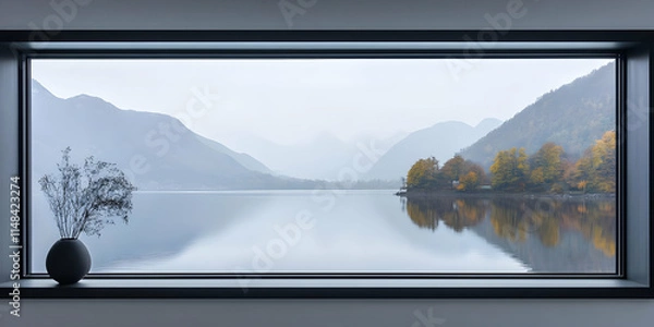 Fototapeta A serene landscape view through a large window, showcasing mountains and a calm lake.