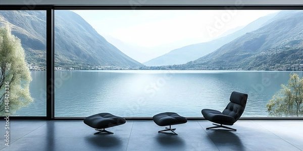 Fototapeta Modern lounge chair by a large window overlooking a serene lake and mountains.