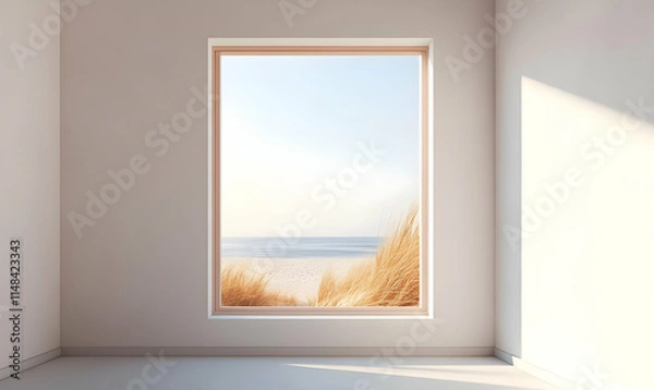 Fototapeta A serene view from a minimalist room showcasing a beach landscape through a large window.