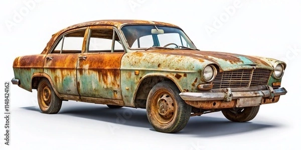 Fototapeta Abandoned Rusted Car Isolated on White, Clipping Path, Documentary Style Stock Photo