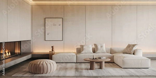 Fototapeta A minimalist modern living room with a white sofa, a pouf, and a side table near a fireplace