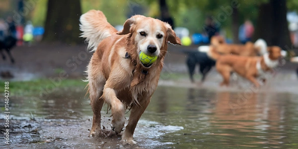 Fototapeta  of a golden retriever playing fetch at a park