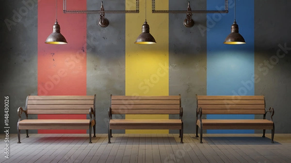 Fototapeta Three wooden benches in a room with colorful walls and industrial lighting.
