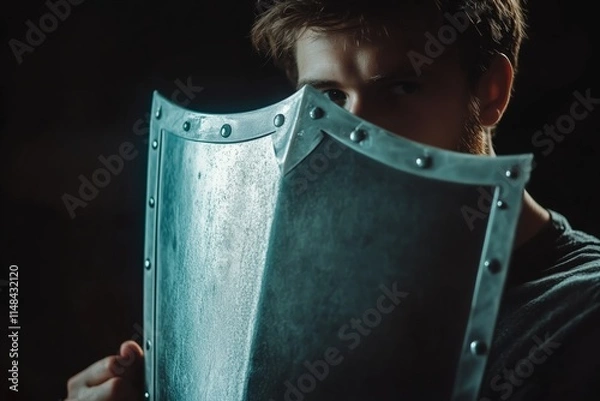 Obraz Man holds a protective shield symbolizing digital privacy and encryption to deter online attacks and ensure cyber security.