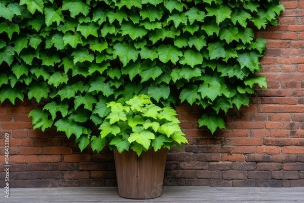 Fototapeta A garden terrace with vertical green walls, wooden decking, and seating for relaxation
