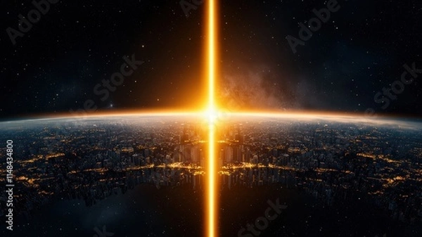 Fototapeta A stunning sunrise illuminates the Earth from space, casting a warm glow over the horizon against the backdrop of a starry sky.