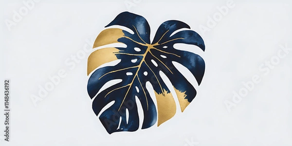 Fototapeta A watercolor illustration of a monstera leaf in navy blue and gold